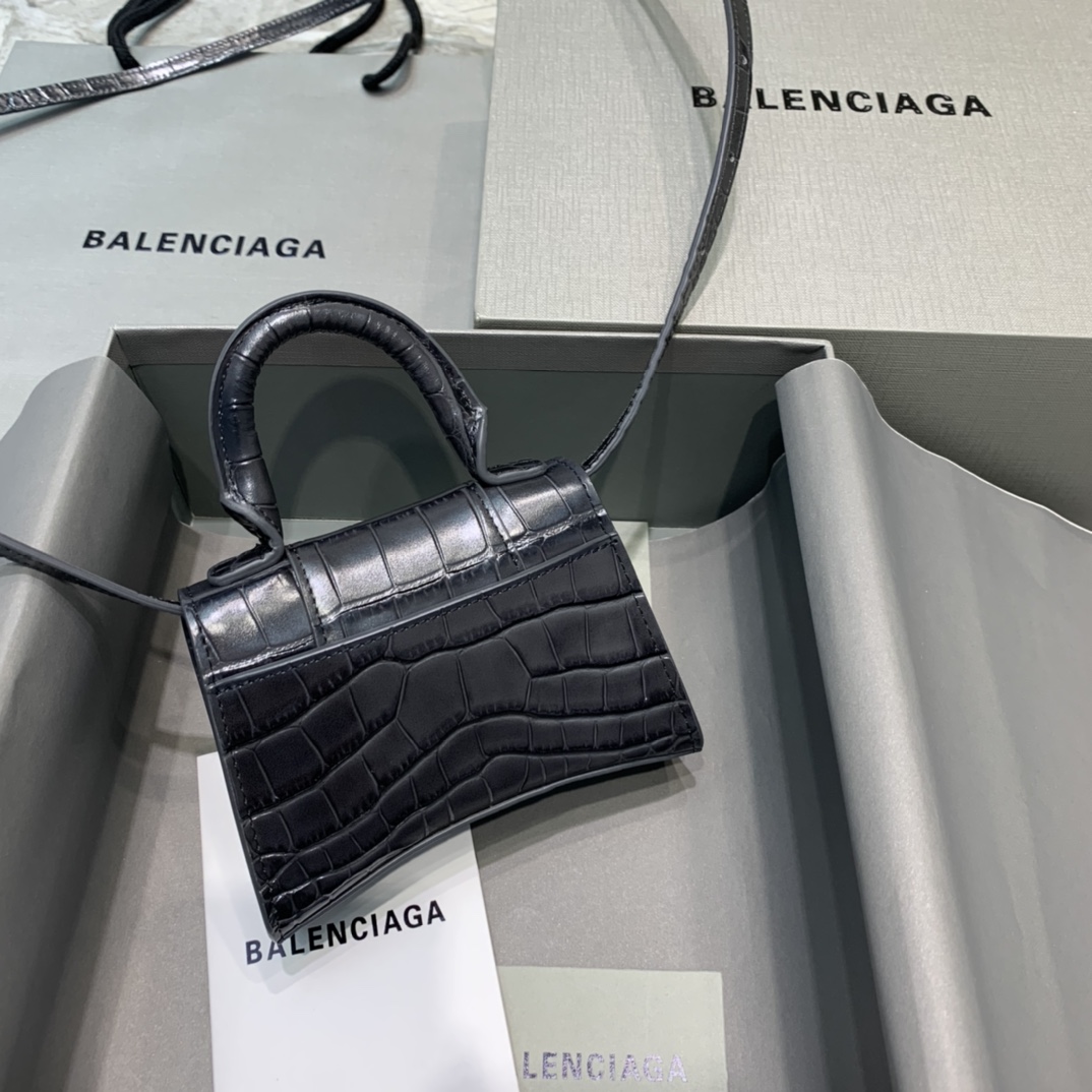 Balenciaga Hourglass Mini Handbag Crocodile Embossed Shoulder Bag Black 